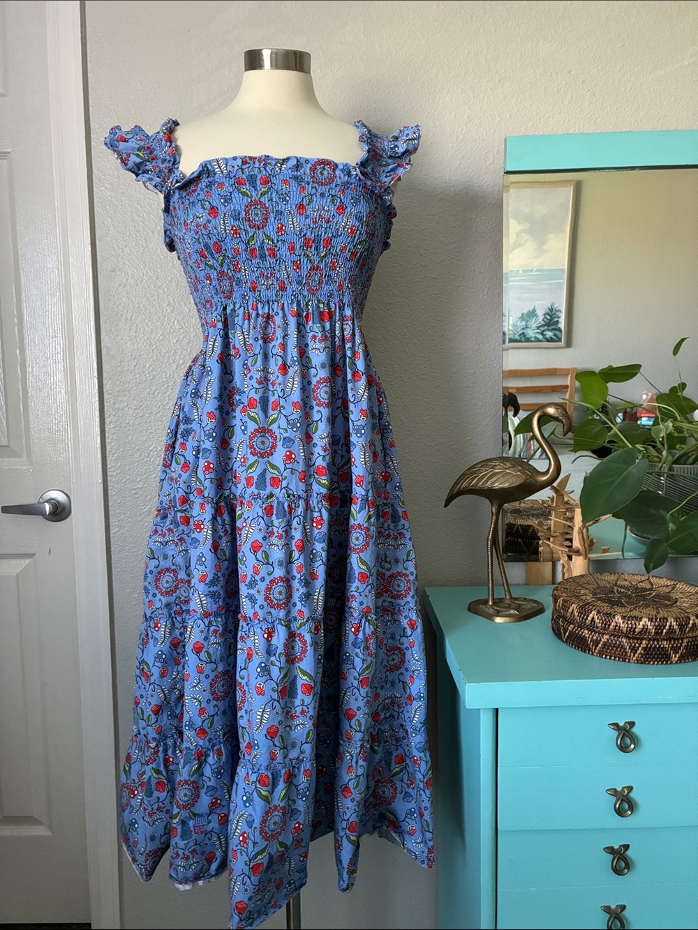 Hill House Women’s Sweden Blue & Blue Floral Midi The Nap Dress Medium